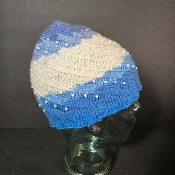 Handmade Knit Hat Blue White Faux Pearl Swirl Design Warm Winter Cap Wool Blend - Picture 4 of 8